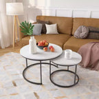 Lot de 2 tables basses gigognes, plateau rond de 70 cm en bois motif marbre, structure métallique robuste, tables d'appoint modernes pour bureau à domicile - Blanc
