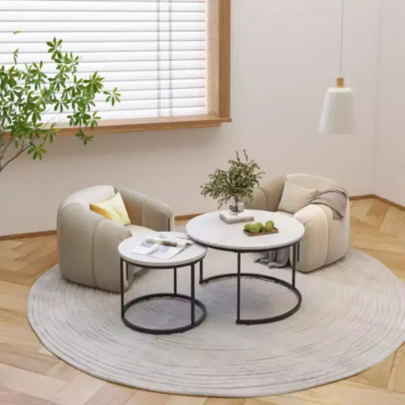 Lot de 2 tables basses gigognes, plateau rond de 70 cm en bois motif marbre, structure métallique robuste, tables d'appoint modernes pour bureau à domicile - Blanc
