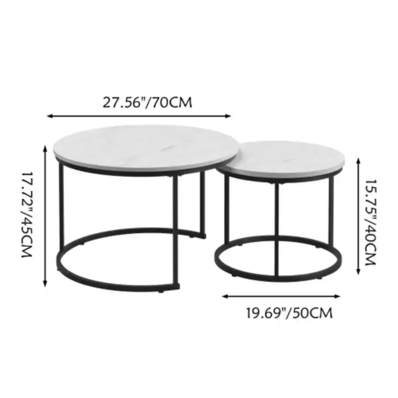 Lot de 2 tables basses gigognes, plateau rond de 70 cm en bois motif marbre, structure métallique robuste, tables d'appoint modernes pour bureau à domicile - Blanc