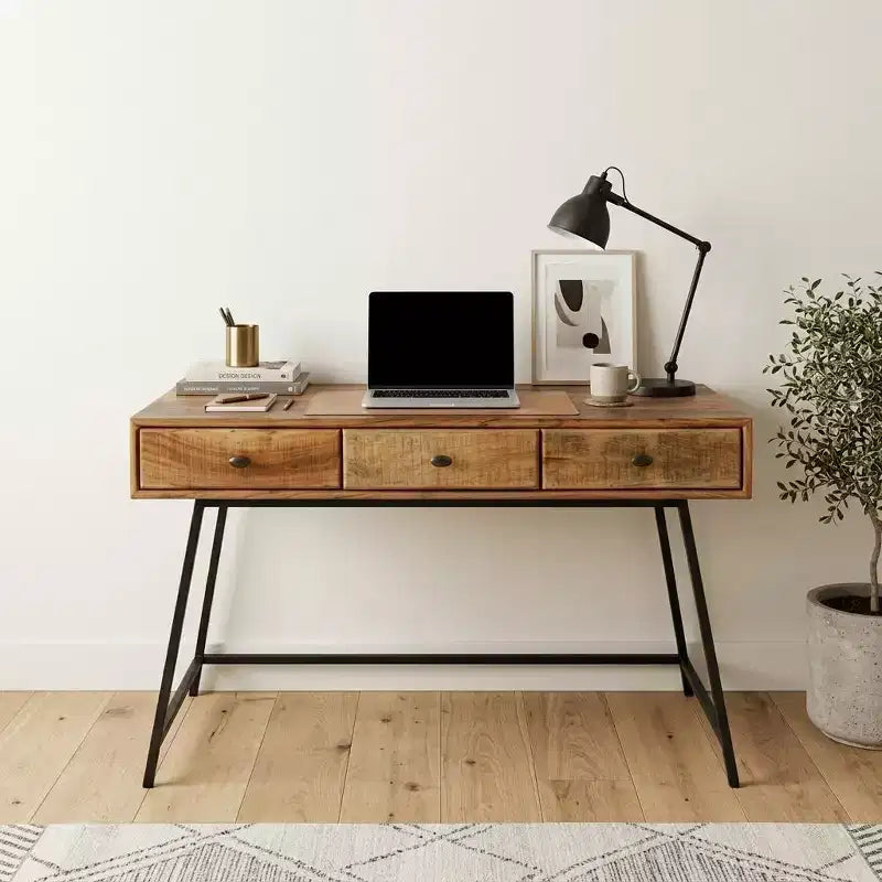 HomeRoots Bureau d'écriture 47 en bois massif naturel et noir avec trois tiroirs
