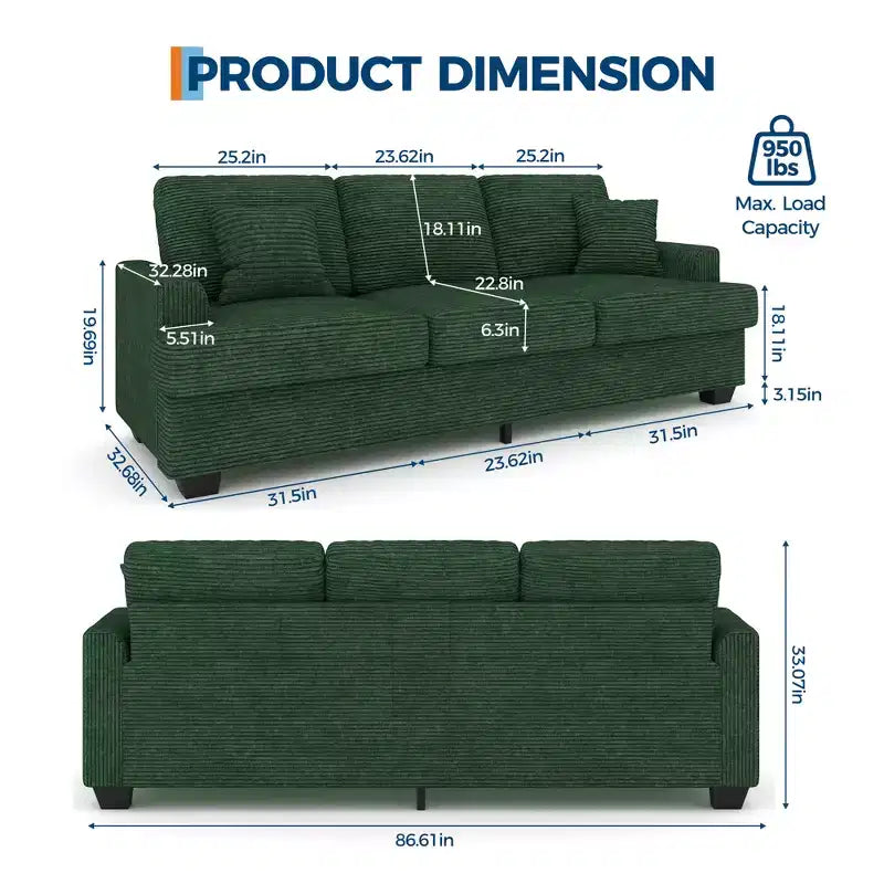 Canapé 3 places en similicuir de 218 cm avec sièges profonds, 2 coussins de dossier amovibles et 2 coussins décoratifs, imperméable, pour salon ou bureau, noir