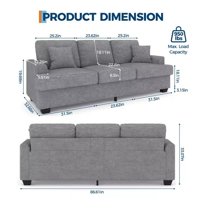 Canapé 3 places en similicuir de 218 cm avec sièges profonds, 2 coussins de dossier amovibles et 2 coussins décoratifs, imperméable, pour salon ou bureau, noir