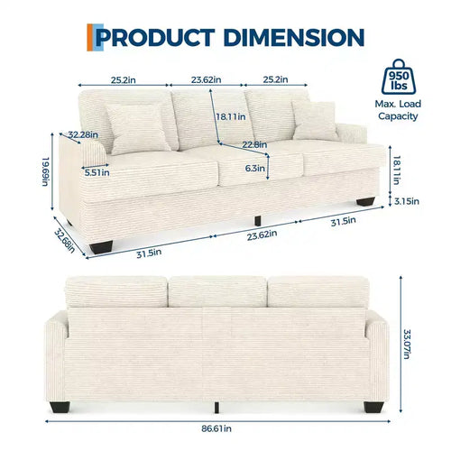 Canapé 3 places en similicuir de 218 cm avec sièges profonds, 2 coussins de dossier amovibles et 2 coussins décoratifs, imperméable, pour salon ou bureau, noir