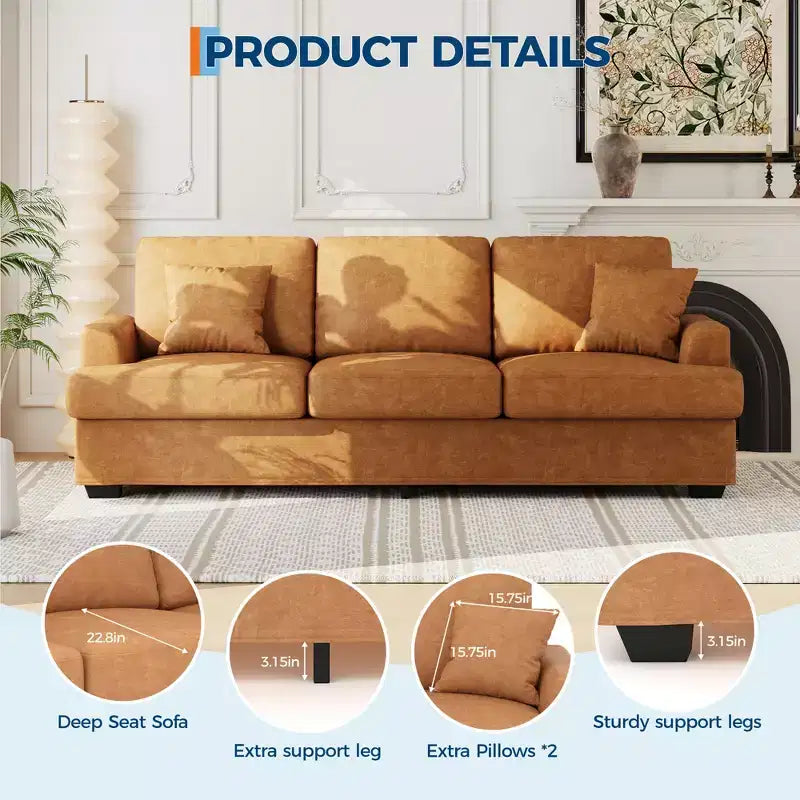 Canapé 3 places en similicuir de 218 cm avec sièges profonds, 2 coussins de dossier amovibles et 2 coussins décoratifs, imperméable, pour salon ou bureau, noir