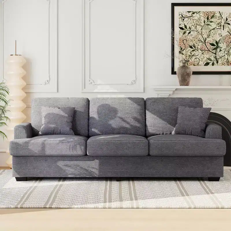 Canapé 3 places en similicuir de 218 cm avec sièges profonds, 2 coussins de dossier amovibles et 2 coussins décoratifs, imperméable, pour salon ou bureau, noir