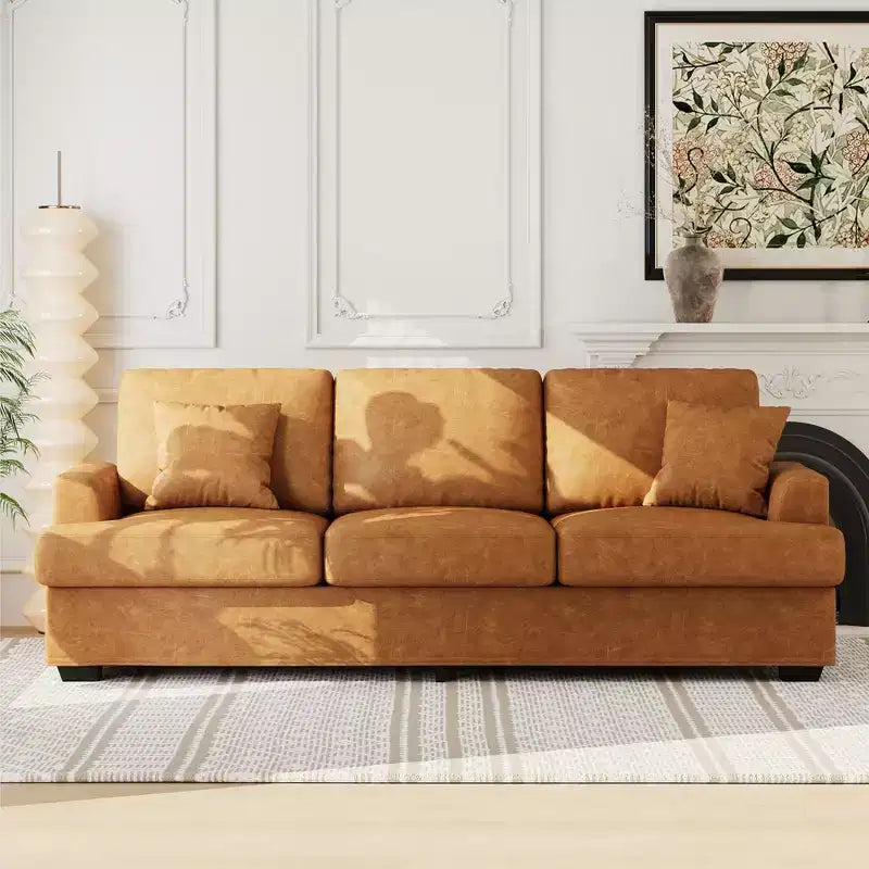 Canapé 3 places en similicuir de 218 cm avec sièges profonds, 2 coussins de dossier amovibles et 2 coussins décoratifs, imperméable, pour salon ou bureau, noir