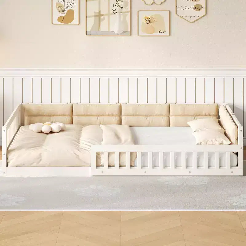 Lit plateforme en bois FAMYYT taille double, avec garde-corps, oreiller, montage facile