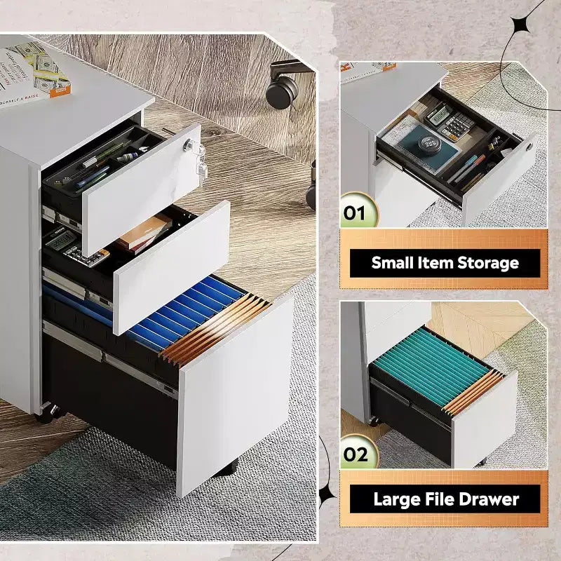 DEXYLLO Classeur mobile à 3 tiroirs pour bureau à domicile, classeur vertical mince de 11,8 pouces, organiseur de documents peu encombrant avec serrure