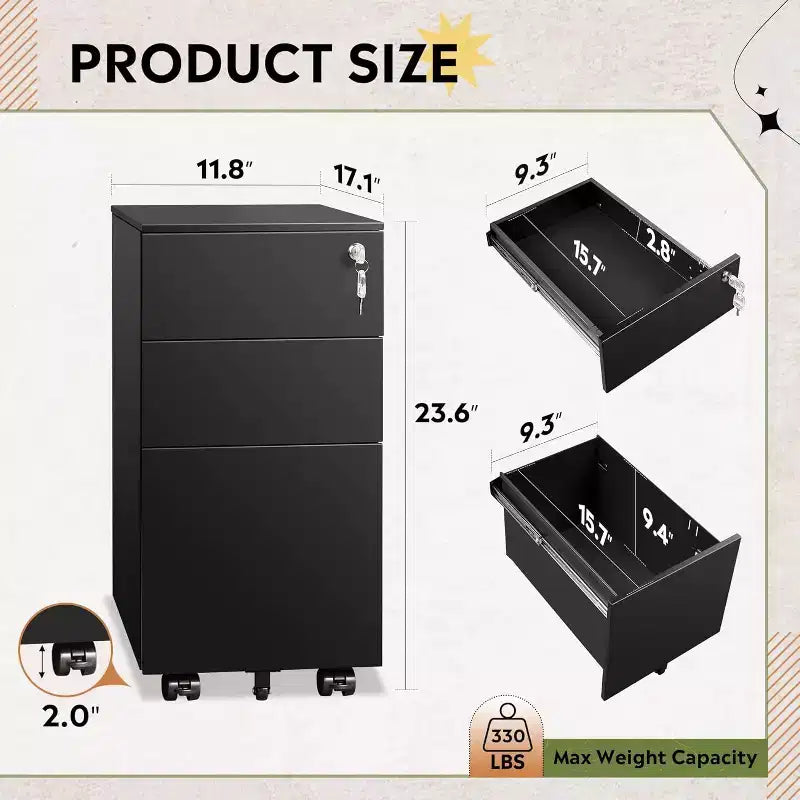 DEXYLLO Classeur mobile à 3 tiroirs pour bureau à domicile, classeur vertical mince de 11,8 pouces, organiseur de documents peu encombrant avec serrure
