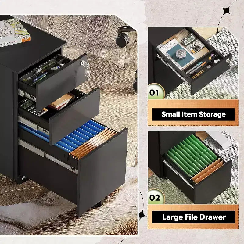 DEXYLLO Classeur mobile à 3 tiroirs pour bureau à domicile, classeur vertical mince de 11,8 pouces, organiseur de documents peu encombrant avec serrure
