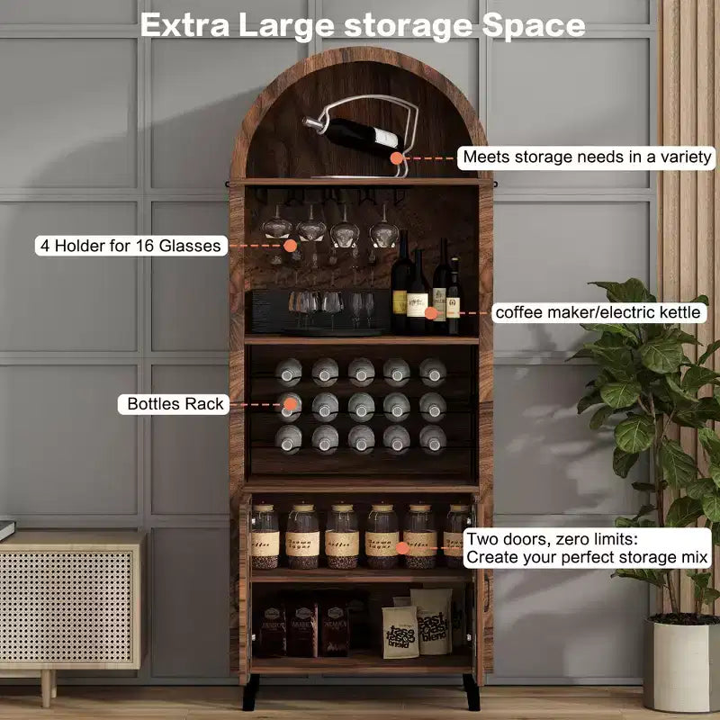 JVNOXK Meuble de rangement style ferme de 71 po avec casier à vin et support à verres, pour salles à manger et salons, noyer