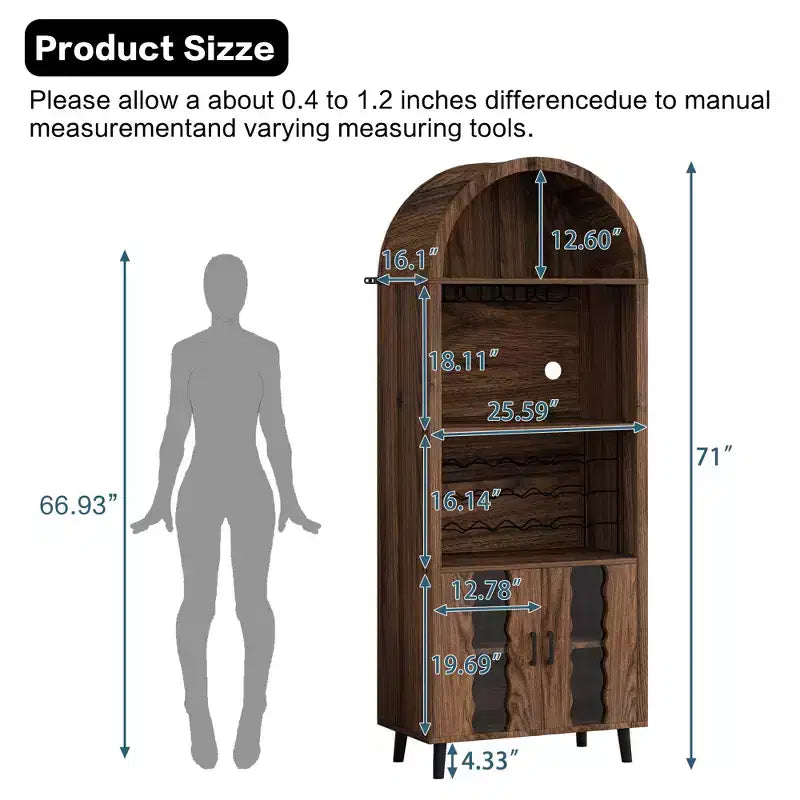 JVNOXK Meuble de rangement style ferme de 71 po avec casier à vin et support à verres, pour salles à manger et salons, noyer