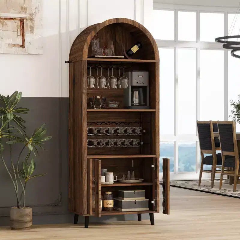 JVNOXK Meuble de rangement style ferme de 71 po avec casier à vin et support à verres, pour salles à manger et salons, noyer
