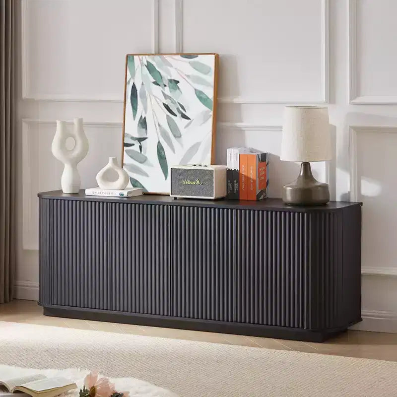 JVNOXK 64 Buffet à motif ondulé, Meuble TV en bois et buffet de rangement à rayures verticales pour salon, cuisine et entrée, Noir