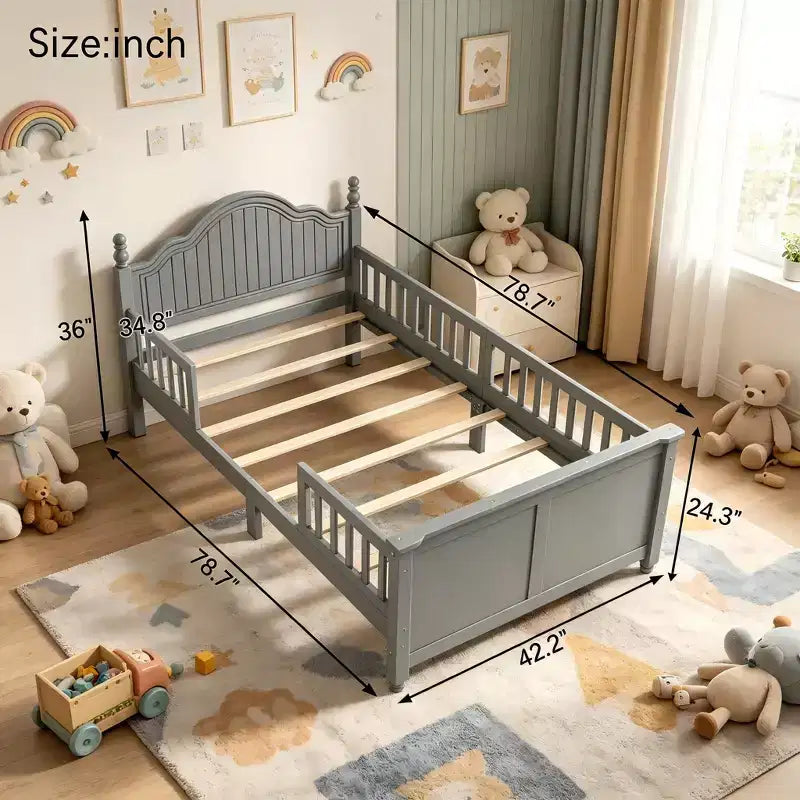 Lit plateforme en bois taille enfant JVNOXK, gris avec tête et pied de lit