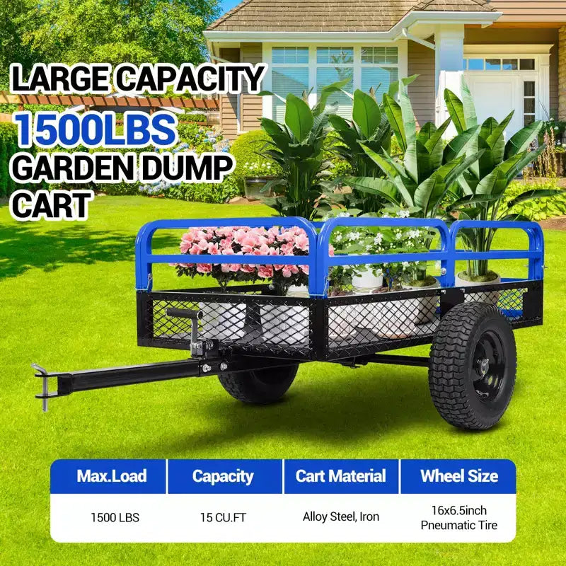 Remorque basculante en acier robuste pour VTT, capacité de 680 kg, 0,42 m³ avec côtés amovibles pour le jardin et la cour
