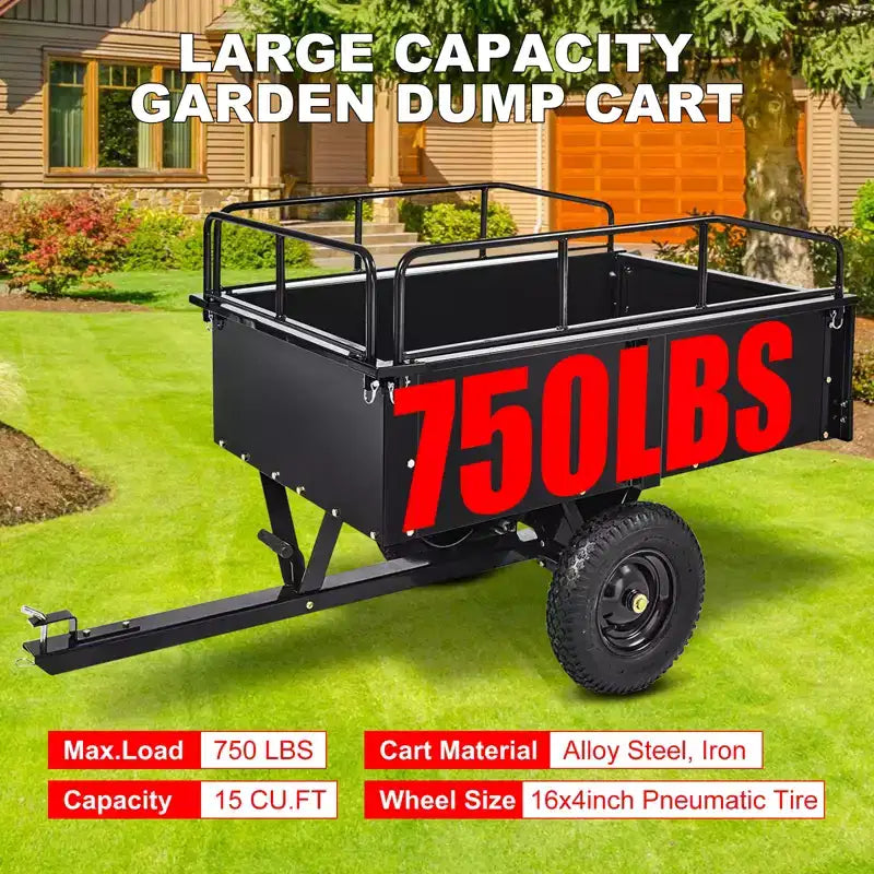Remorque basculante en acier robuste pour VTT, capacité de 680 kg, 0,42 m³ avec côtés amovibles pour le jardin et la cour