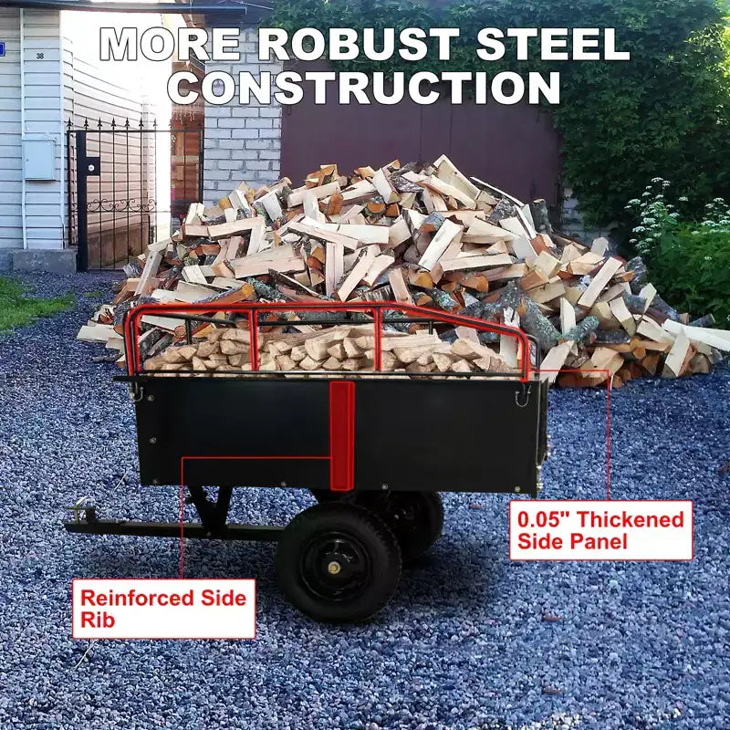 Remorque basculante en acier robuste pour VTT, capacité de 680 kg, 0,42 m³ avec côtés amovibles pour le jardin et la cour