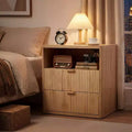 Natural Oak Fluted End Table, 22.8 Curved Bedside Nightstand w/ Charging Station & Storage Drawers for Bedroom & Living Room