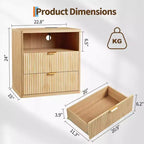 Table de chevet cannelée en chêne naturel, 58 cm incurvée avec station de charge et tiroirs de rangement pour chambre et salon