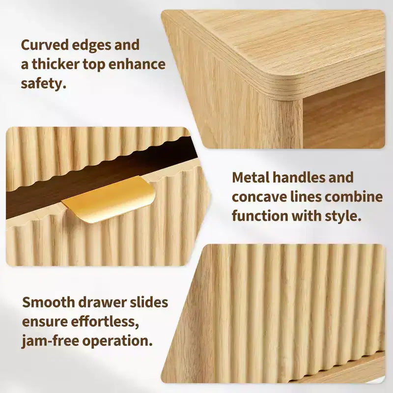 Table de chevet cannelée en chêne naturel, 58 cm incurvée avec station de charge et tiroirs de rangement pour chambre et salon