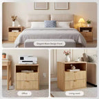 Table de chevet cannelée en chêne naturel, 58 cm incurvée avec station de charge et tiroirs de rangement pour chambre et salon