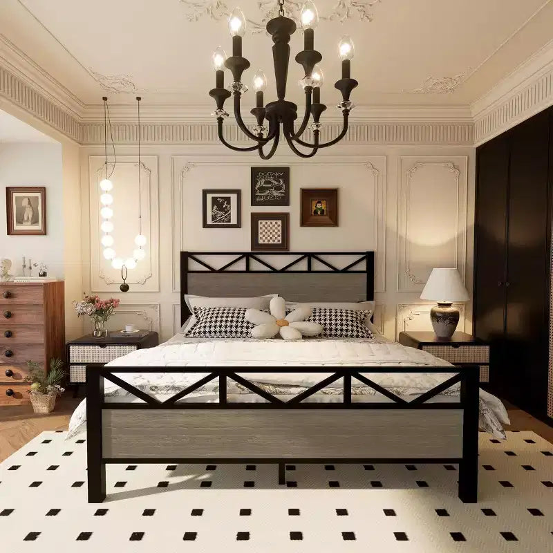 Cadre de lit double MAYEERTY, plateforme robuste avec tête et pied de lit, assemblage facile pour chambre à coucher