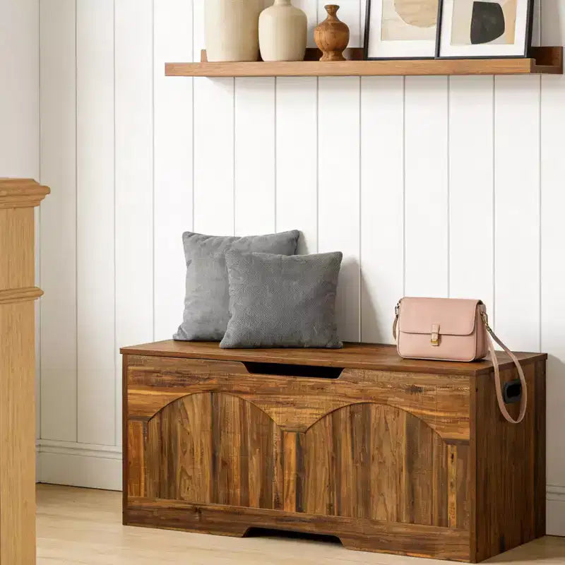 Banc de rangement rétro en bois de 99,8 cm, coffre à jouets robuste avec charnières de sécurité et capacité de 136 kg pour l'entrée et la chambre