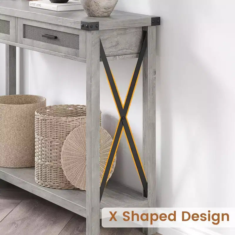 Console rustique moderne avec 2 tiroirs, table étroite en bois de 43 cm pour entrée, salon, couloir
