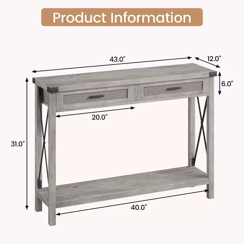 Console rustique moderne avec 2 tiroirs, table étroite en bois de 43 cm pour entrée, salon, couloir
