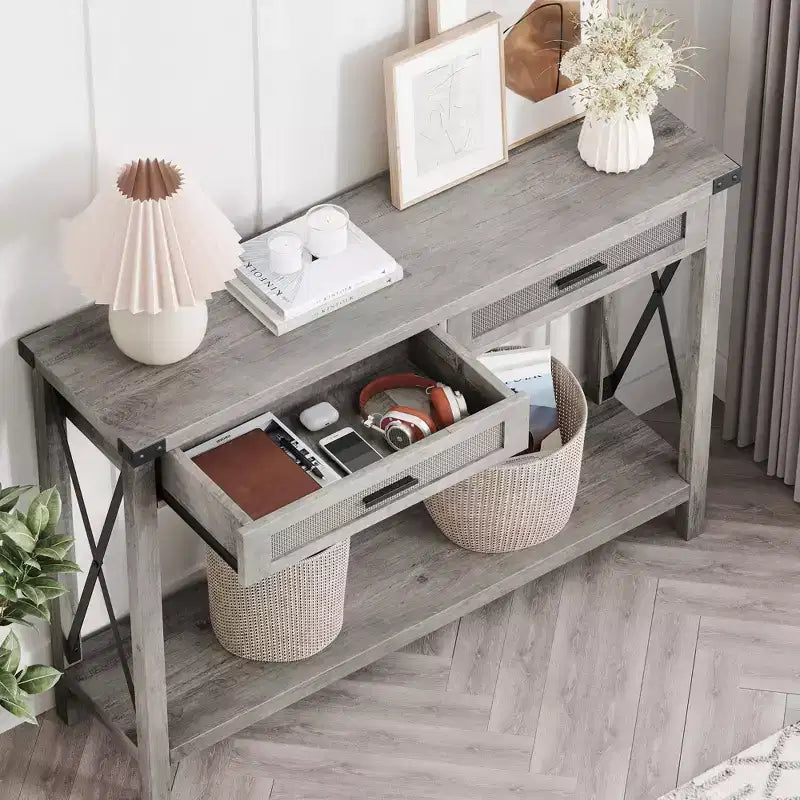 Console rustique moderne avec 2 tiroirs, table étroite en bois de 43 cm pour entrée, salon, couloir