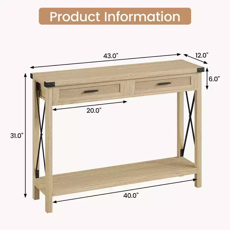 Console rustique moderne avec 2 tiroirs, table étroite en bois de 43 cm pour entrée, salon, couloir