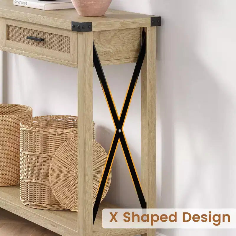 Console rustique moderne avec 2 tiroirs, table étroite en bois de 43 cm pour entrée, salon, couloir