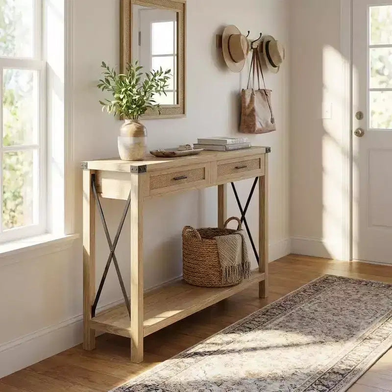 Console rustique moderne avec 2 tiroirs, table étroite en bois de 43 cm pour entrée, salon, couloir