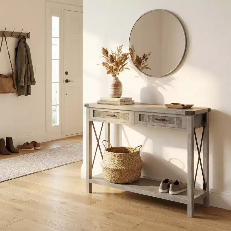 Console rustique moderne avec 2 tiroirs, table étroite en bois de 43 cm pour entrée, salon, couloir