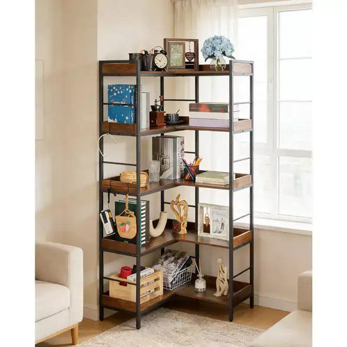 5 Tier L Shaped Corner Bookshelf with 4 Hooks, Reversible Corner Bookshelf, 65 Industrial Wooden Bookcase with Open Shelves and Metal Frame for Home