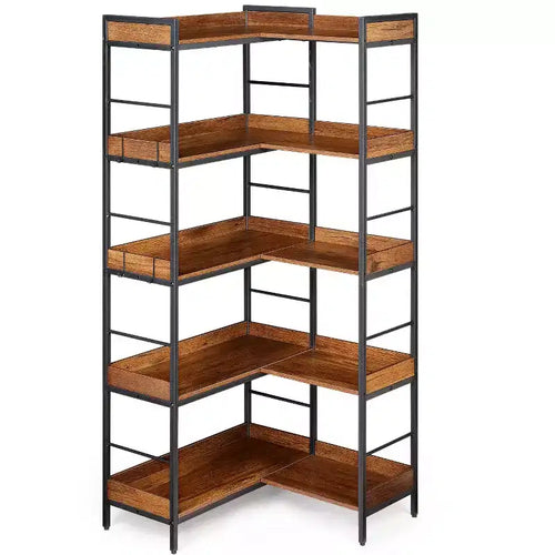 Étagère d'angle en forme de L à 5 niveaux avec 4 crochets, étagère d'angle réversible, bibliothèque industrielle en bois de 65 pouces avec étagères ouvertes et cadre métallique pour la maison