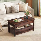 Table basse DEXYLLO, Table à plateau relevable pour salon et salle à manger, Table basse relevable avec 2 tiroirs, Grand rangement et étagère ouverte