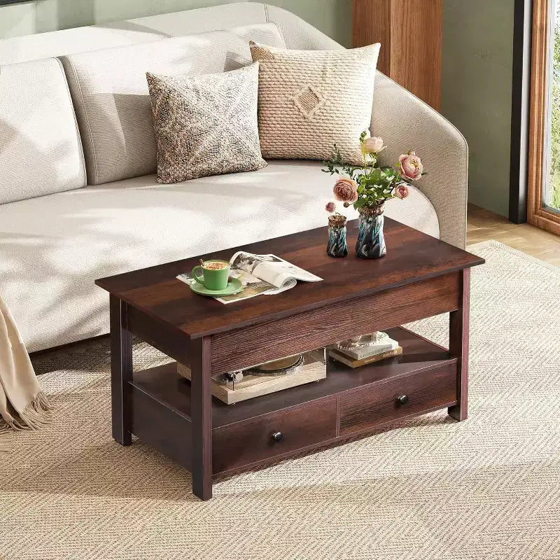 Table basse DEXYLLO, Table à plateau relevable pour salon et salle à manger, Table basse relevable avec 2 tiroirs, Grand rangement et étagère ouverte