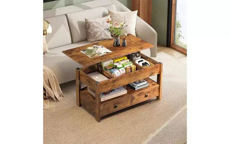 Table basse DEXYLLO, Table à plateau relevable pour salon et salle à manger, Table basse relevable avec 2 tiroirs, Grand rangement et étagère ouverte