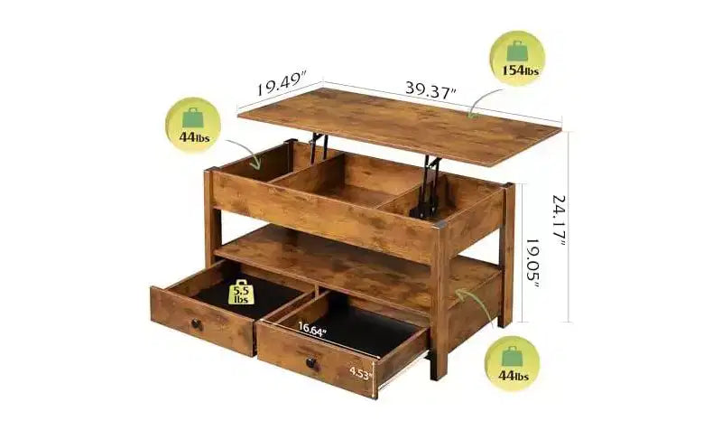 Table basse DEXYLLO, Table à plateau relevable pour salon et salle à manger, Table basse relevable avec 2 tiroirs, Grand rangement et étagère ouverte