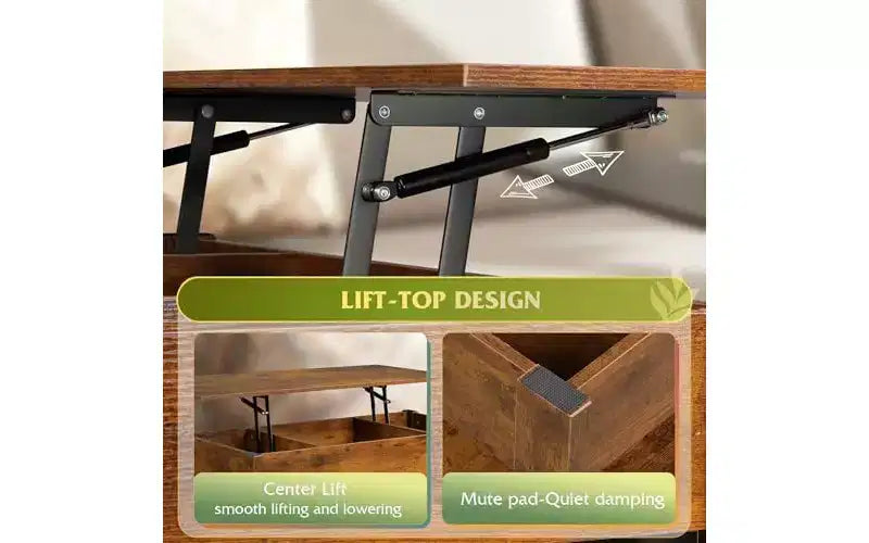 Table basse DEXYLLO, Table à plateau relevable pour salon et salle à manger, Table basse relevable avec 2 tiroirs, Grand rangement et étagère ouverte
