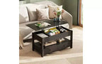 Table basse DEXYLLO, Table à plateau relevable pour salon et salle à manger, Table basse relevable avec 2 tiroirs, Grand rangement et étagère ouverte
