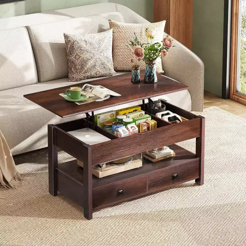 Table basse DEXYLLO, Table à plateau relevable pour salon et salle à manger, Table basse relevable avec 2 tiroirs, Grand rangement et étagère ouverte