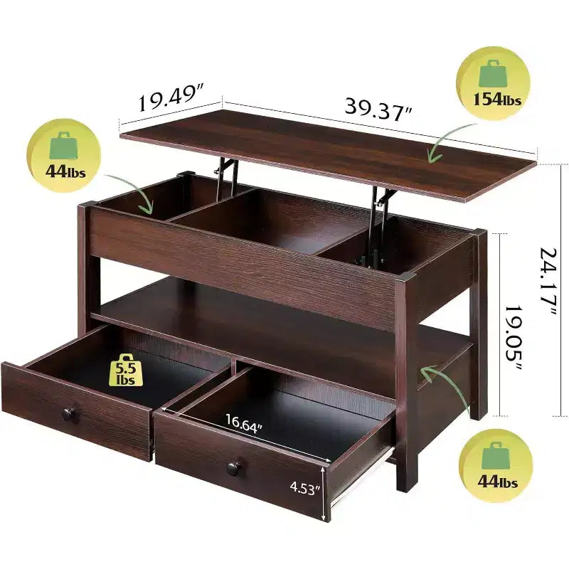 Table basse DEXYLLO, Table à plateau relevable pour salon et salle à manger, Table basse relevable avec 2 tiroirs, Grand rangement et étagère ouverte
