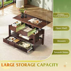 Table basse DEXYLLO, Table à plateau relevable pour salon et salle à manger, Table basse relevable avec 2 tiroirs, Grand rangement et étagère ouverte
