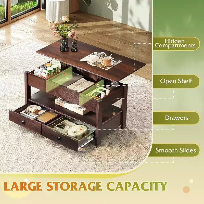 Table basse DEXYLLO, Table à plateau relevable pour salon et salle à manger, Table basse relevable avec 2 tiroirs, Grand rangement et étagère ouverte