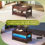 Table basse DEXYLLO, Table à plateau relevable pour salon et salle à manger, Table basse relevable avec 2 tiroirs, Grand rangement et étagère ouverte