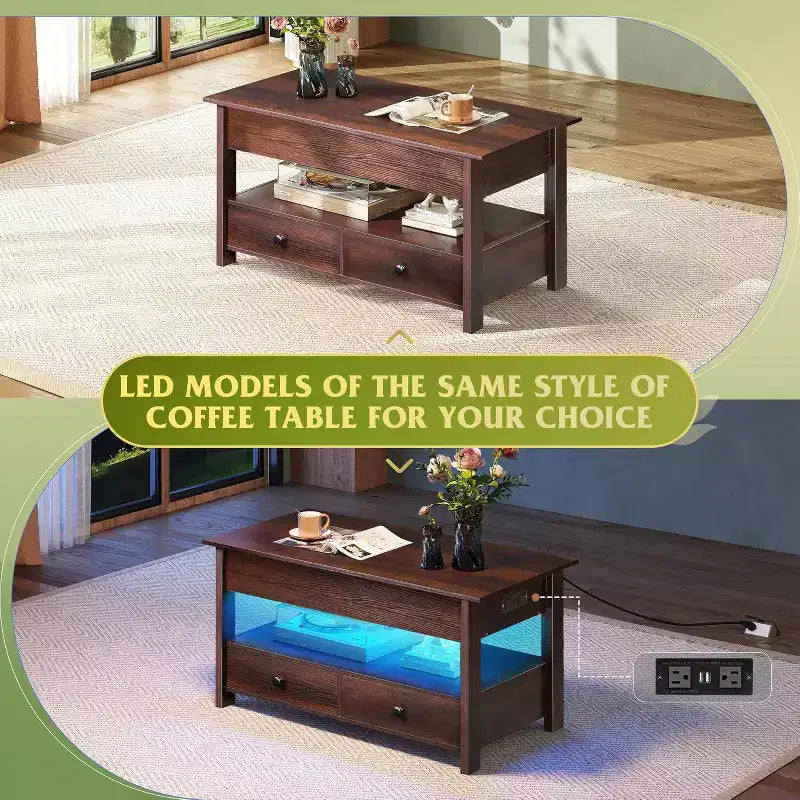 Table basse DEXYLLO, Table à plateau relevable pour salon et salle à manger, Table basse relevable avec 2 tiroirs, Grand rangement et étagère ouverte