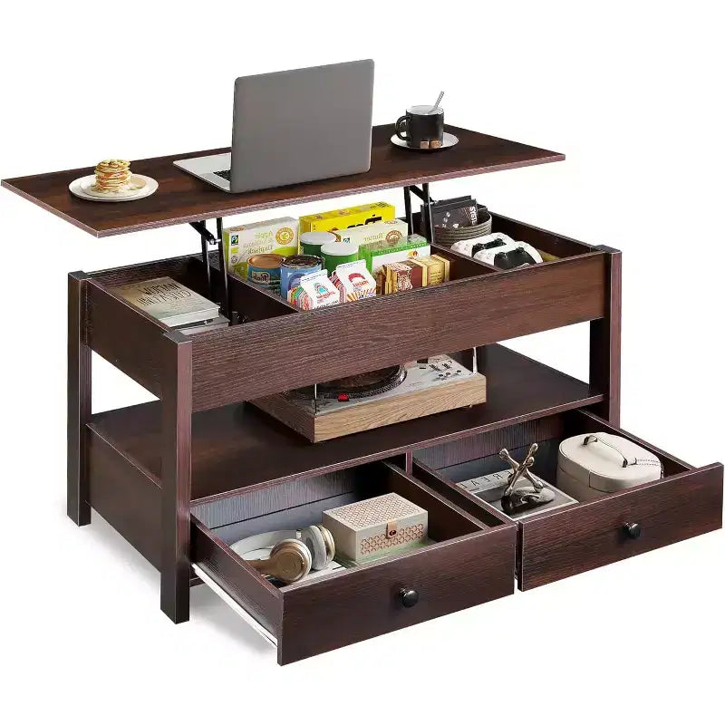 Table basse DEXYLLO, Table à plateau relevable pour salon et salle à manger, Table basse relevable avec 2 tiroirs, Grand rangement et étagère ouverte